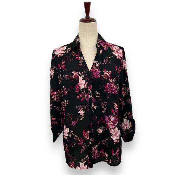 NEW BCX Black Floral Blouse Large Collared Satin Top Dark Flower Office Work - Picture 5 of 14